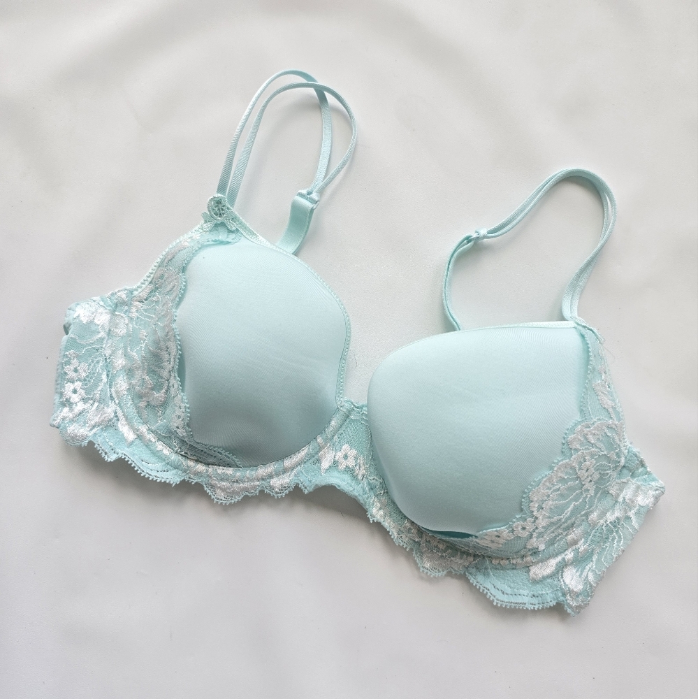 new Simone Perele Amour Plunge Underwire Bra Moulded Cups Blue Lace Size 32D - Picture 4 of 13
